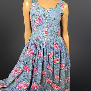 Vintage 80s Floral Pinafore Swing Dress Sundress Size S Blue Pink Cottagecore